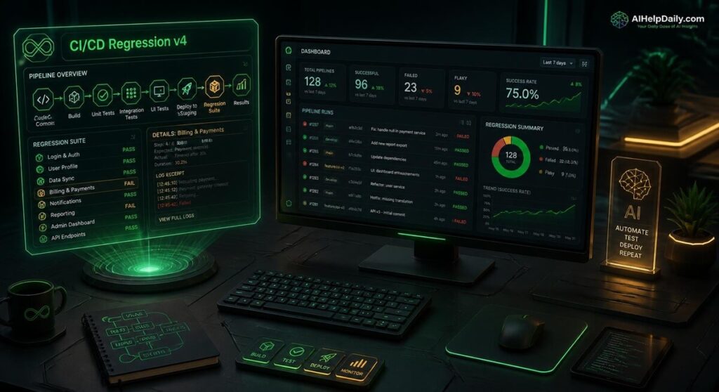 Futuristic 3D isometric QA studio with widescreen monitor showing trajectory trees, regression pipelines, and holographic panels reading “ai agent testing tools 2026,” aihelpdaily.com branding in the corner.