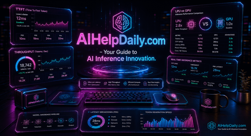 Futuristic 3D isometric inference studio with widescreen monitor showing throughput meters, holographic panels reading “ai inference engines 2026,” AIHelpDaily.com branding in the corner.