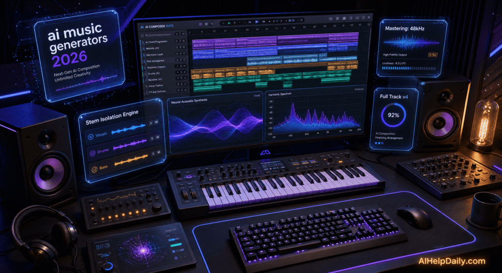 Futuristic 3D isometric music studio with widescreen monitor showing MIDI stems, holographic panels reading “ai music generators 2026,” AIHelpDaily.com branding in the corner.