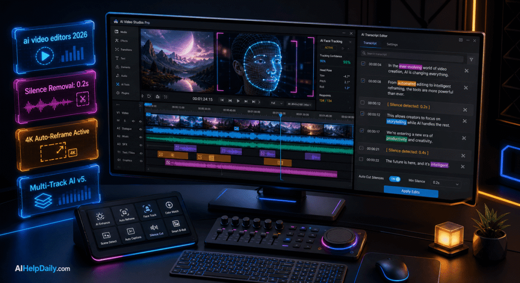 Futuristic 3D isometric editing studio with widescreen monitor showing timelines, holographic panels reading “ai video editors 2026,” AIHelpDaily.com branding in the corner.