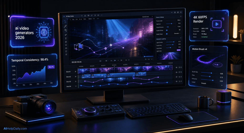 Futuristic 3D isometric video studio with widescreen monitor showing cinematic timelines, holographic panels reading “ai video generators 2026,” AIHelpDaily.com branding in the corner.