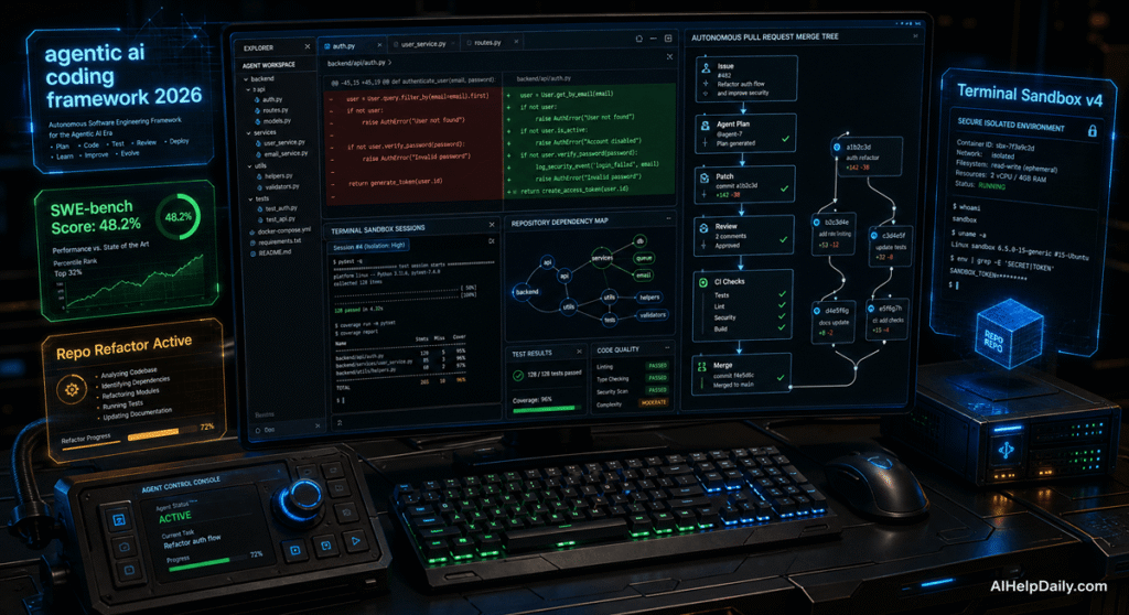 Futuristic 3D isometric coding studio with widescreen monitor showing code diffs, holographic panels reading “agentic ai coding framework 2026,” AIHelpDaily.com branding in the corner.