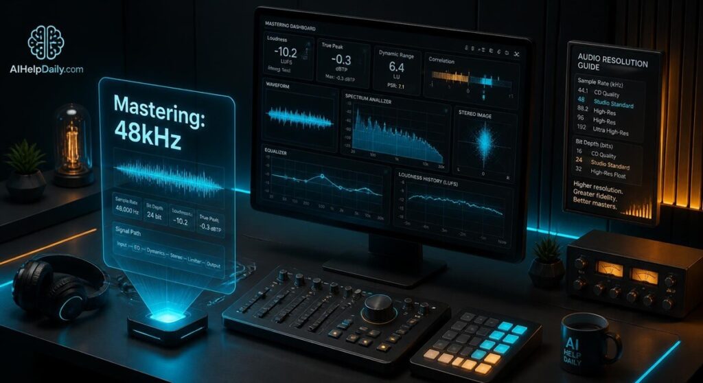 Branding composition with glowing aihelpdaily.com text and holographic panels showing mastering charts and stems.