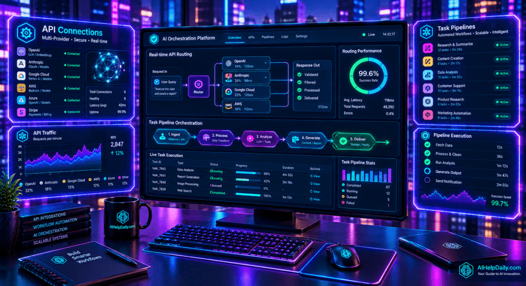 Sleek dashboard showing holographic panels “API Connections” and “Task Pipelines” with routing charts.