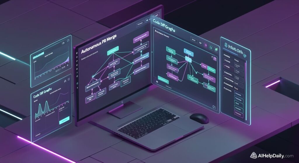Sleek dashboard showing holographic panels “Autonomous PR Merge” and “Code Diff Graphs” with merge charts.