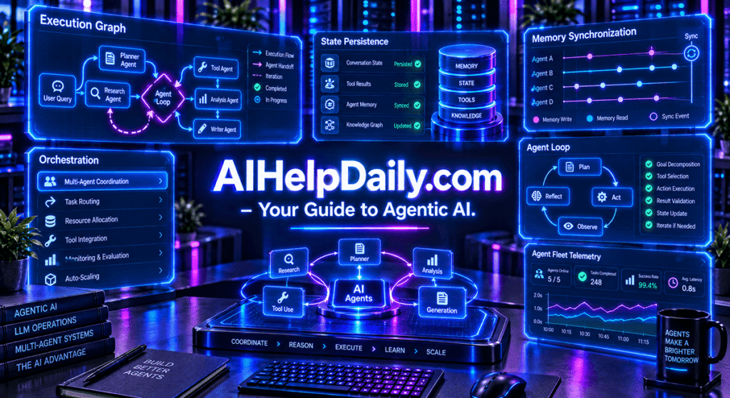 Futuristic 3D isometric orchestration studio with ultra‑wide monitor showing agent pipelines, holographic panels reading “best agentic ai tools 2026,” AIHelpDaily.com branding in the corner.