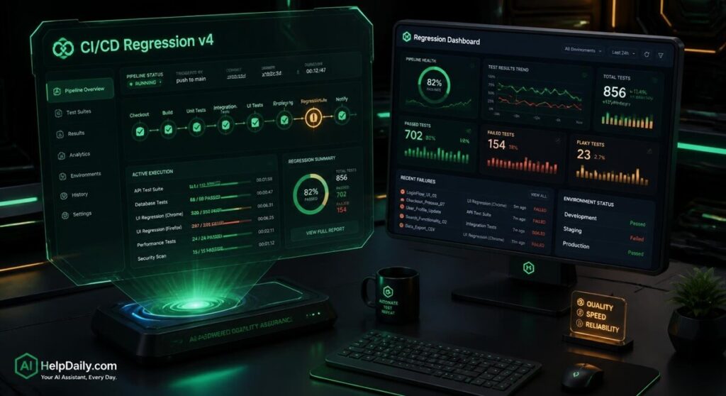 Isometric workspace with holographic panel labeled “CI/CD Regression v4” and monitor showing regression dashboards.