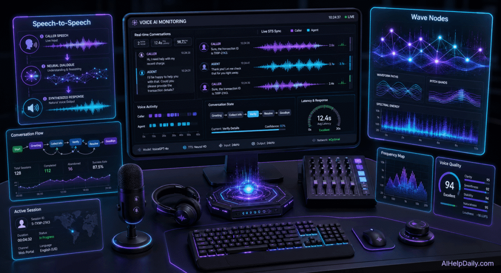 Sleek dashboard showing holographic panels “Speech‑to‑Speech” and “Wave Nodes” with audio charts.