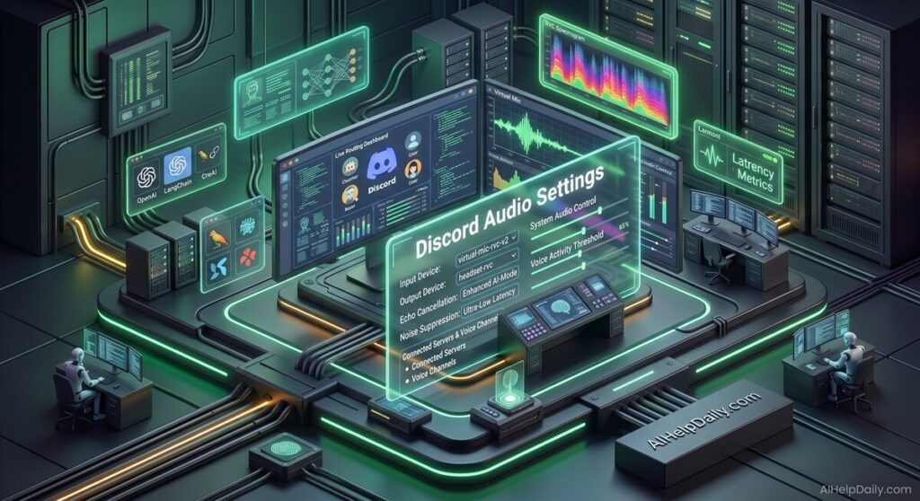 Isometric workspace with holographic panel labeled “Discord Audio Settings” and monitor showing routing dashboards.