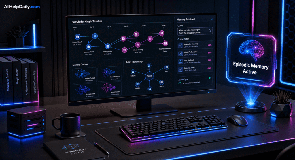 Futuristic workspace with holographic panel reading “Episodic Memory Active” and monitor showing knowledge graphs.