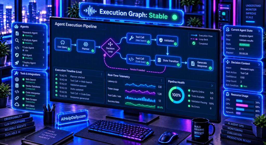 Futuristic workspace with holographic panel reading “Execution Graph: Stable” and monitor showing agent pipelines.