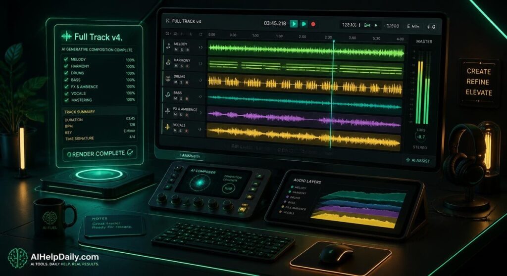 Isometric workspace with holographic panel labeled “Full Track v4” and monitor showing generative timelines.