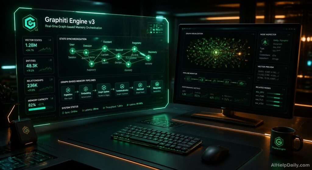 Isometric workspace with holographic panel labeled “Graphiti Engine v3” and monitor showing synchronization nodes.