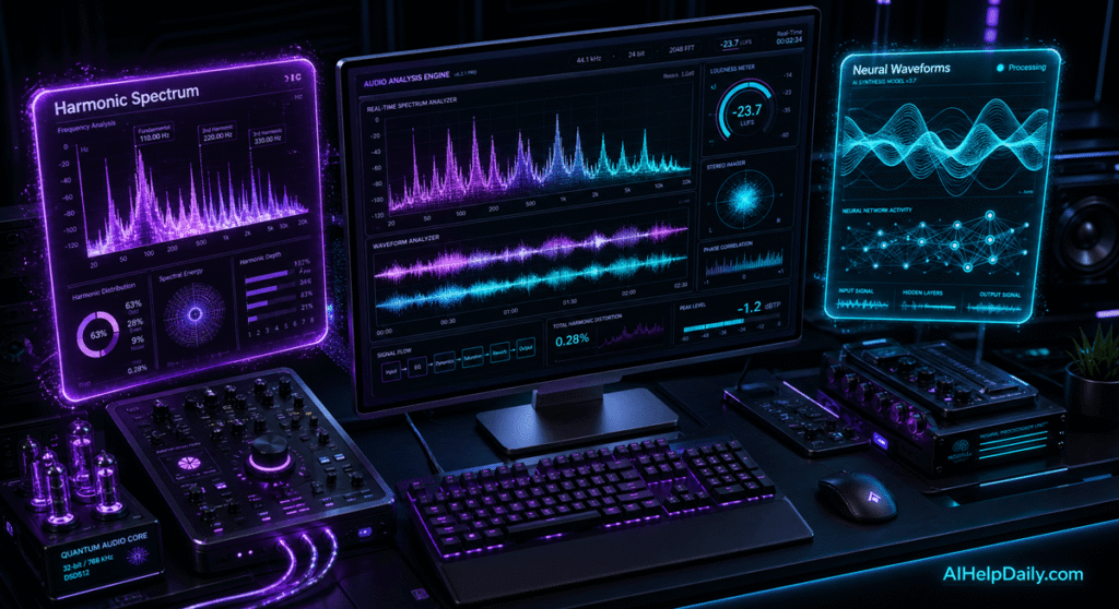 Sleek dashboard showing holographic panels “Harmonic Spectrum” and “Neural Waveforms” with frequency charts.
