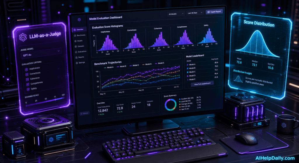 Sleek dashboard showing holographic panels “LLM-as-a-Judge” and “Score Distribution” with evaluation charts.