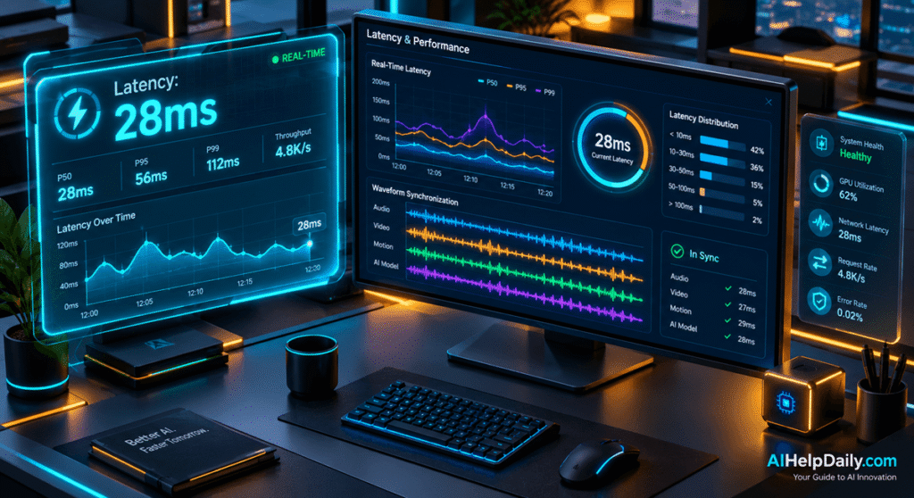 Isometric workspace with holographic panel labeled “Latency: 28ms” and monitor showing latency graphs.