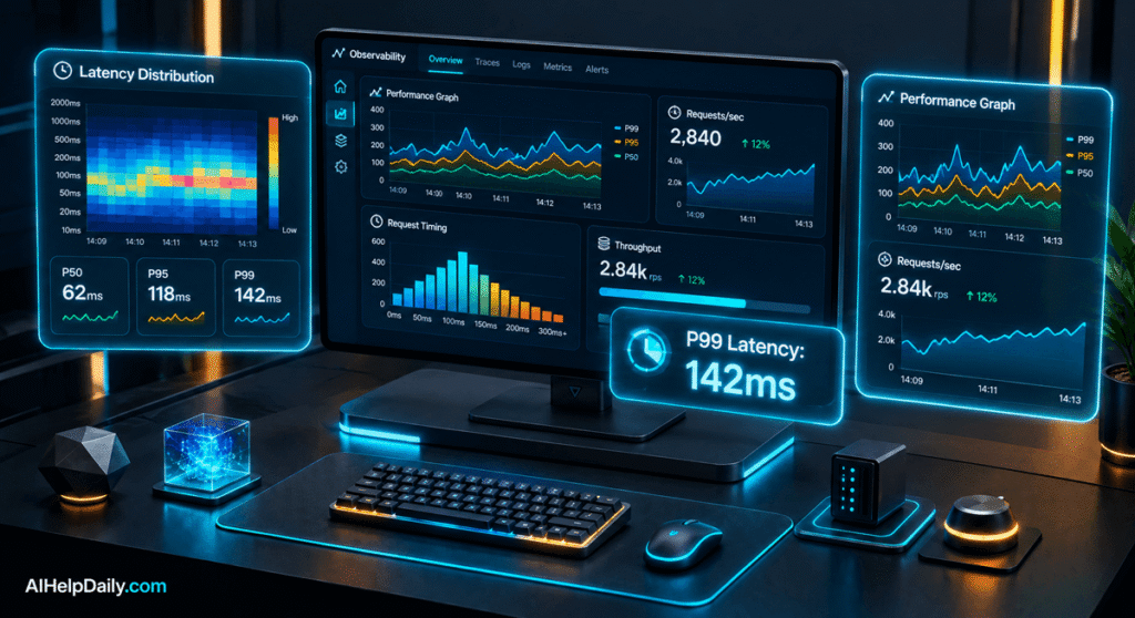 Isometric workspace with holographic panel labeled “P99 Latency: 142ms” and monitor showing heatmaps.