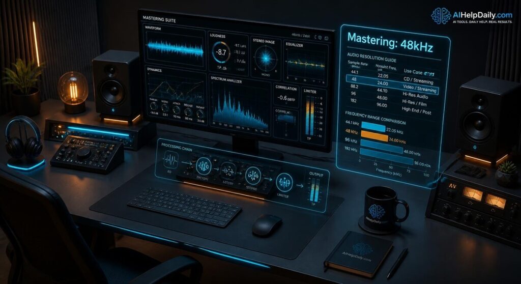Isometric workspace with holographic panel labeled “Mastering: 48kHz” and monitor showing mastering dashboards.