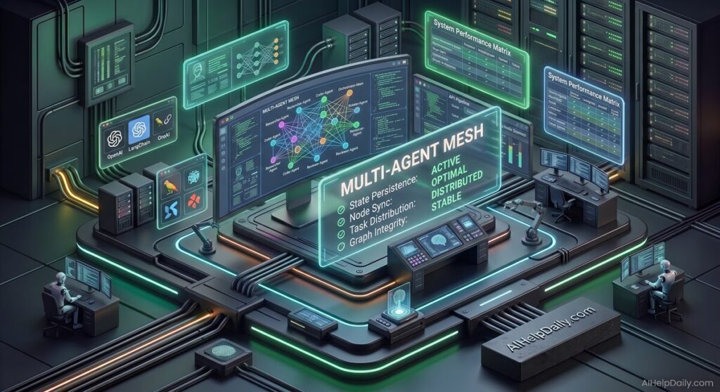 Isometric workspace with holographic panel labeled “Multi‑Agent Mesh” and monitor showing orchestration graphs.