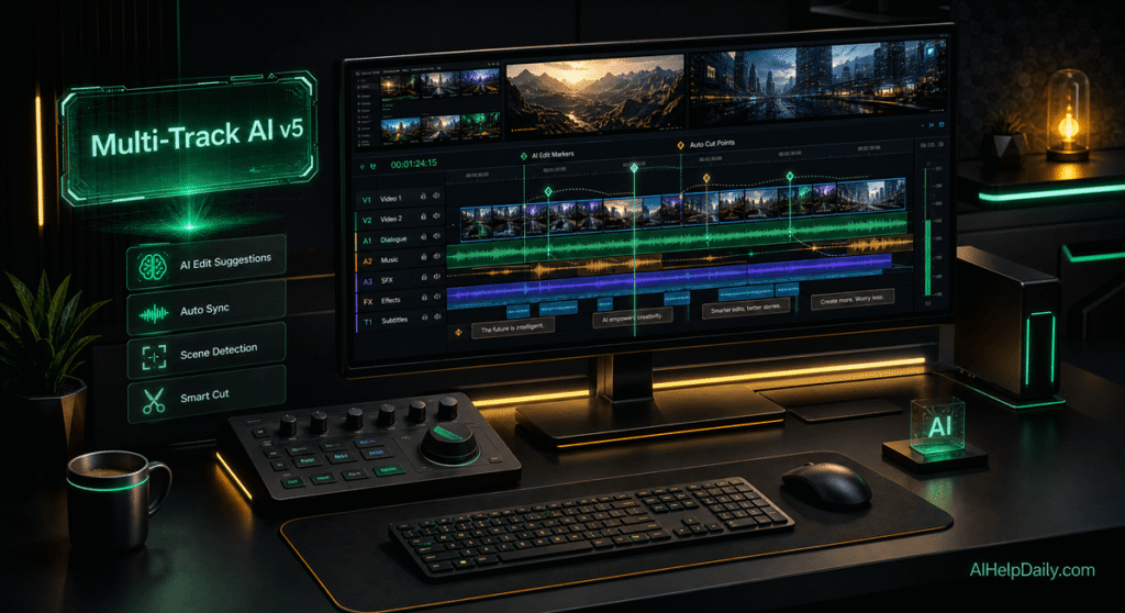 Isometric workspace with holographic panel labeled “Multi‑Track AI v5” and monitor showing layered edits.