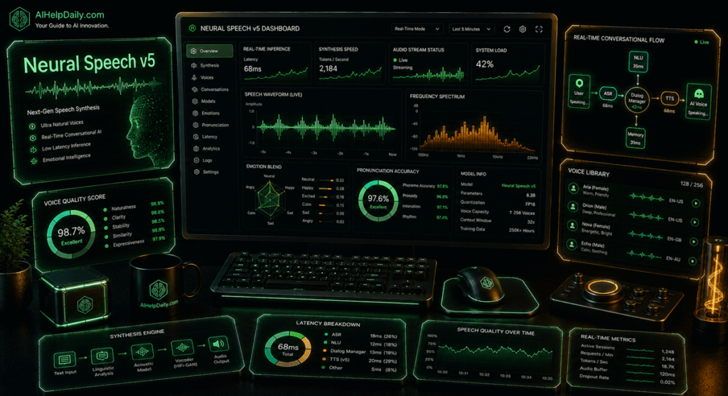Isometric workspace with holographic panel labeled “Neural Speech v5” and monitor showing synthesis graphs.