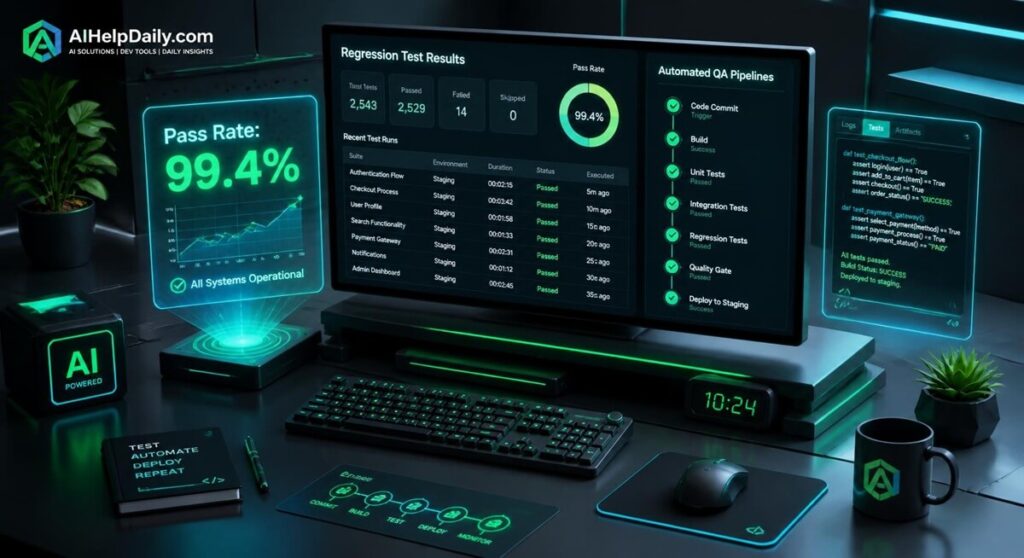 Isometric workspace with holographic panel labeled “Pass Rate: 99.4%” and monitor showing regression test results.