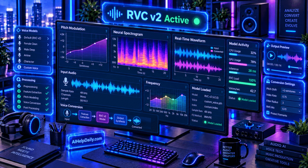 Futuristic workspace with holographic panel reading “RVC v2 Active” and monitor showing spectrograms.