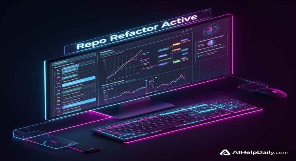 Futuristic workspace with holographic panel reading “Repo Refactor Active” and monitor showing refactor pipelines.