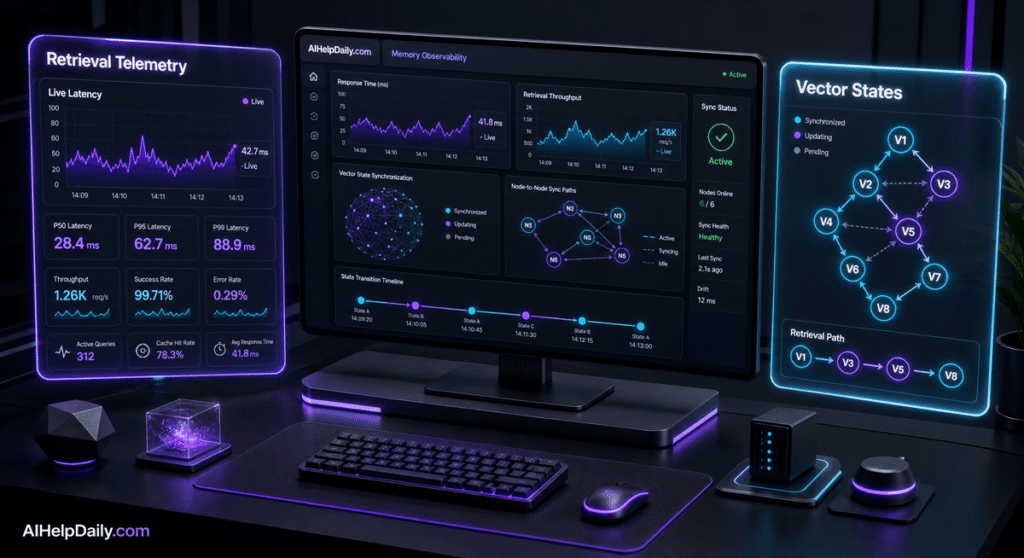 Sleek dashboard showing holographic panels “Retrieval Telemetry” and “Vector States” with performance charts.