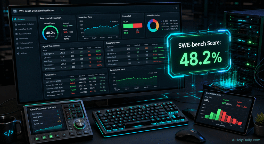 Isometric workspace with holographic panel labeled “SWE‑bench Score: 48.2%” and monitor showing benchmark graphs.