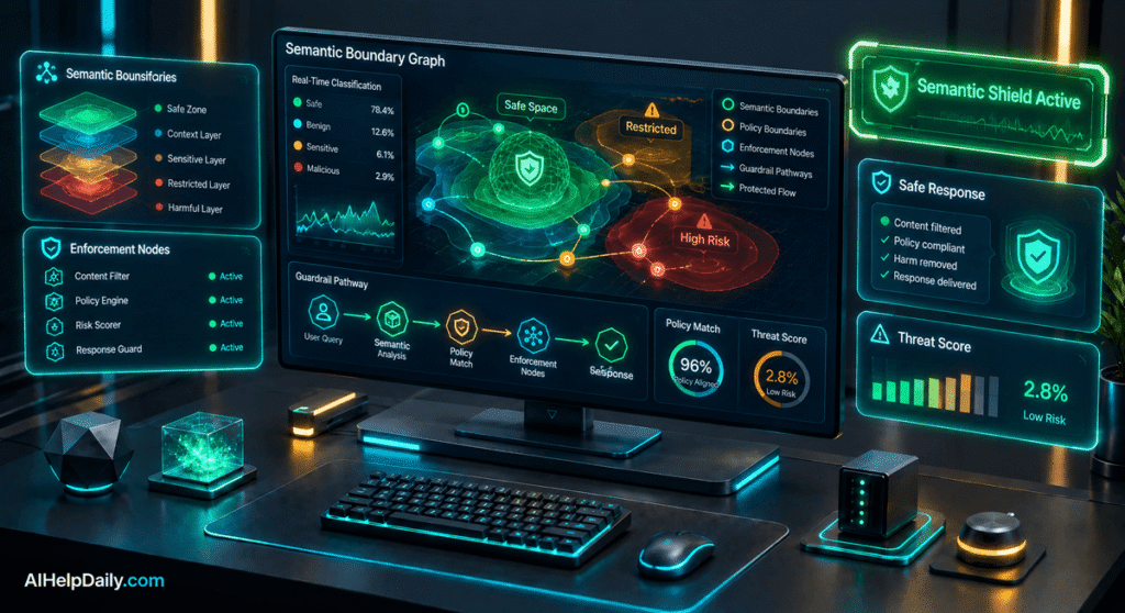 Isometric workspace with holographic panel labeled “Semantic Shield Active” and monitor showing semantic graphs.