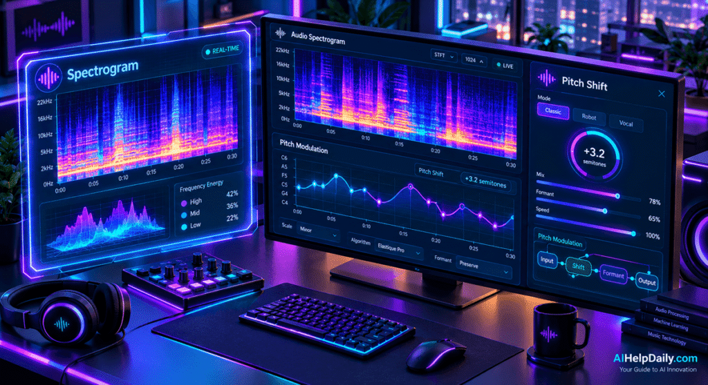 Sleek dashboard showing holographic panels “Spectrogram” and “Pitch Shift” with audio charts.