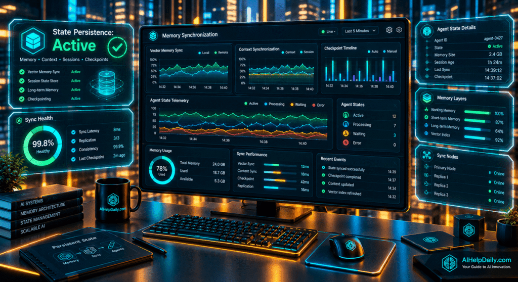 Isometric workspace with holographic panel labeled “State Persistence: Active” and monitor showing telemetry charts.
