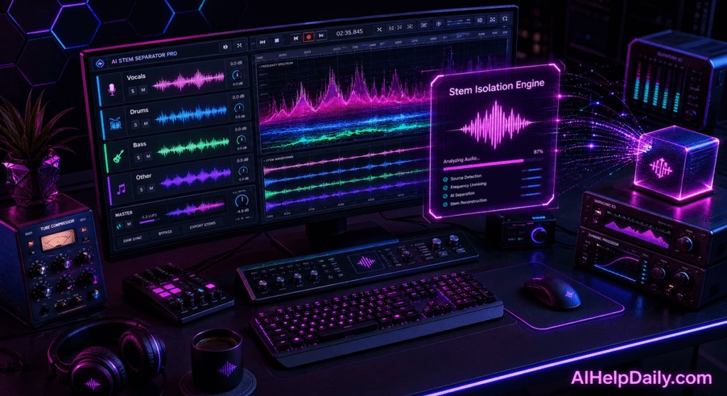 Futuristic workspace with holographic panel reading “Stem Isolation Engine” and monitor showing waveform separation.