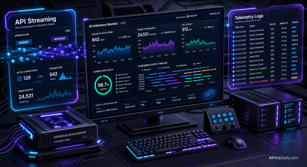 Sleek dashboard showing holographic panels “API Streaming” and “Telemetry Logs” with charts.