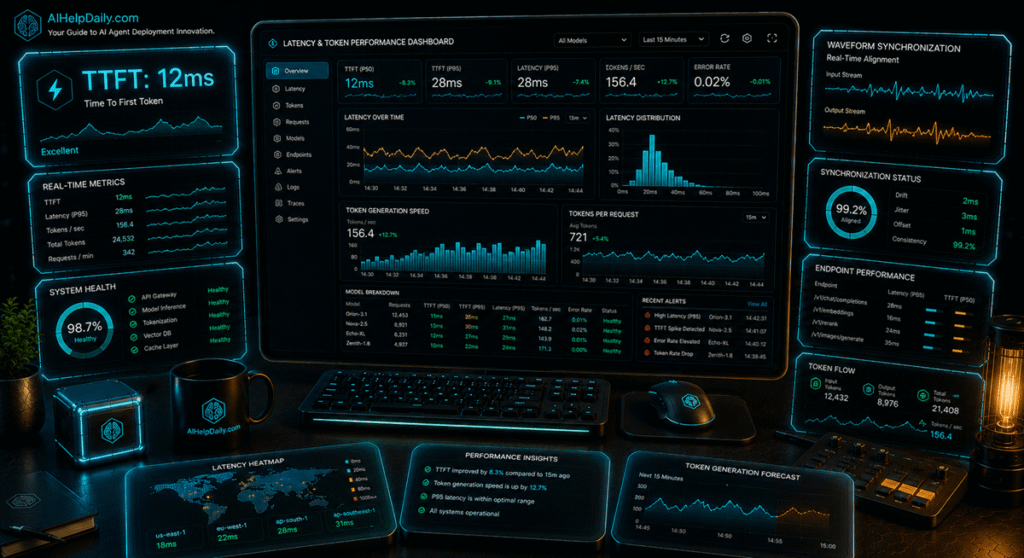 Isometric workspace with holographic panel labeled “TTFT: 12ms” and monitor showing latency charts.
