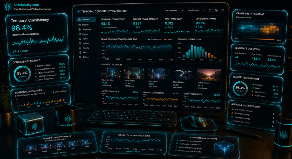 Isometric workspace with holographic panel labeled “Temporal Consistency: 98.4%” and monitor showing stability graphs.