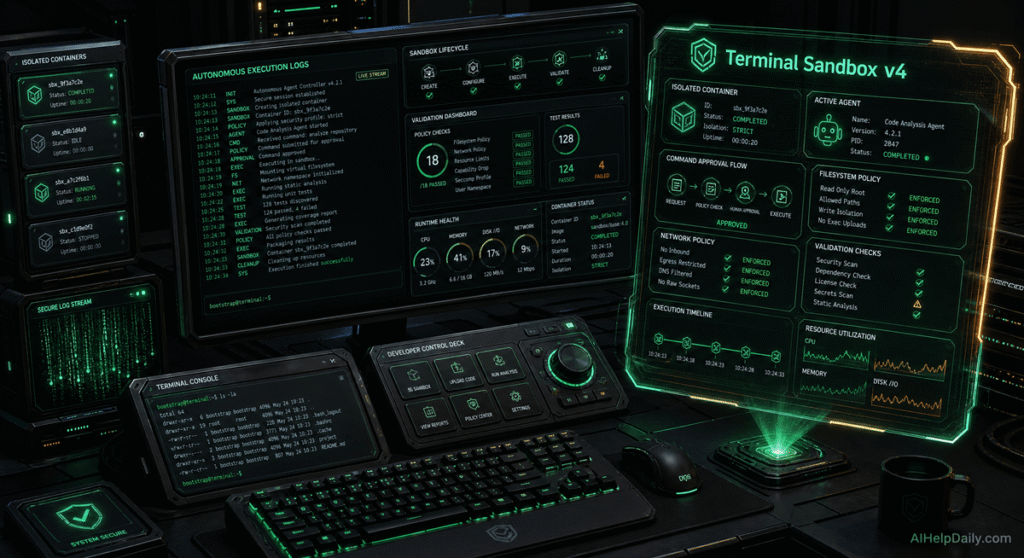 Isometric workspace with holographic panel labeled “Terminal Sandbox v4” and monitor showing execution logs.
