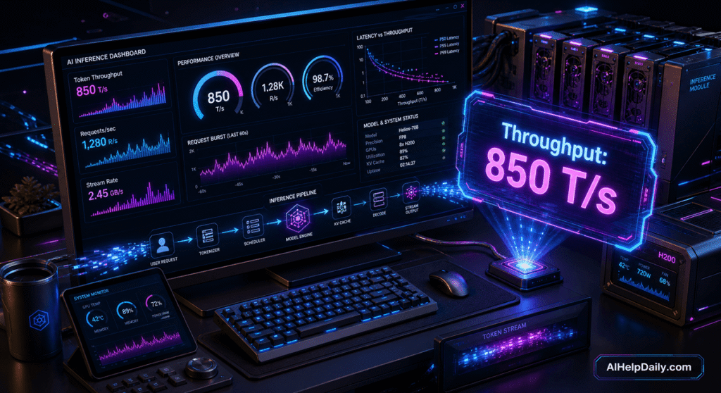 Futuristic workspace with holographic panel reading “Throughput: 850 T/s” and monitor showing throughput dashboards.