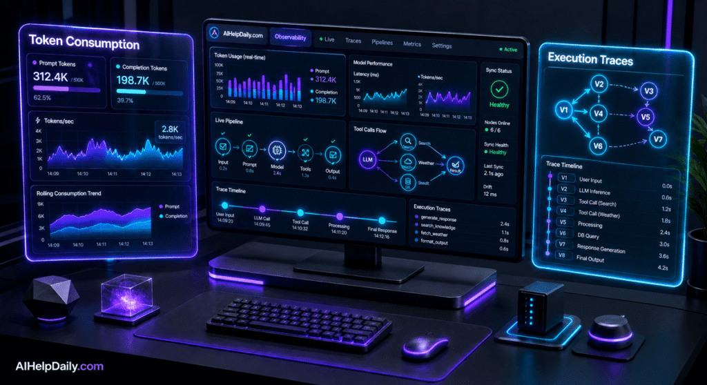 Sleek dashboard showing holographic panels “Token Consumption” and “Execution Traces” with charts.
