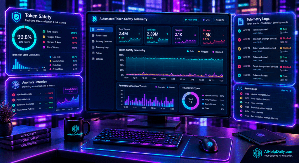 Sleek dashboard showing holographic panels “Token Safety” and “Telemetry Logs” with charts.
