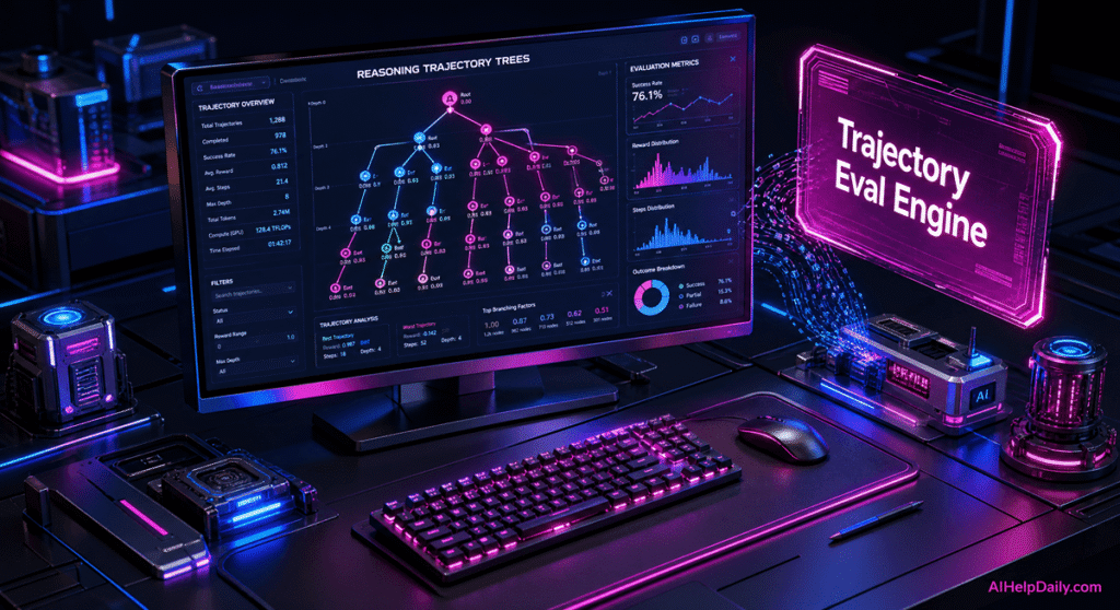 Futuristic workspace with holographic panel reading “Trajectory Eval Engine” and monitor showing trajectory trees.