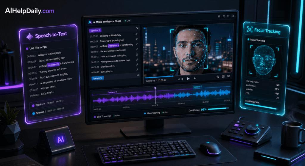 Sleek dashboard showing holographic panels “Speech‑to‑Text” and “Facial Tracking” with editing charts.