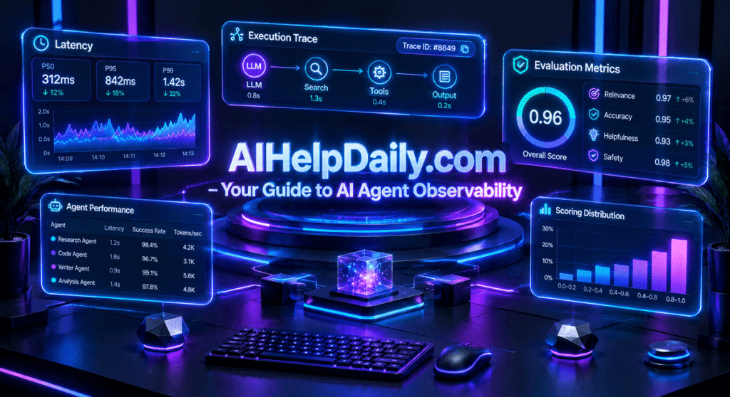 ai agent observability tools: A modern AI engineering telemetry dashboard displaying real-time agent execution traces, token cost tracking, and latency benchmarks.