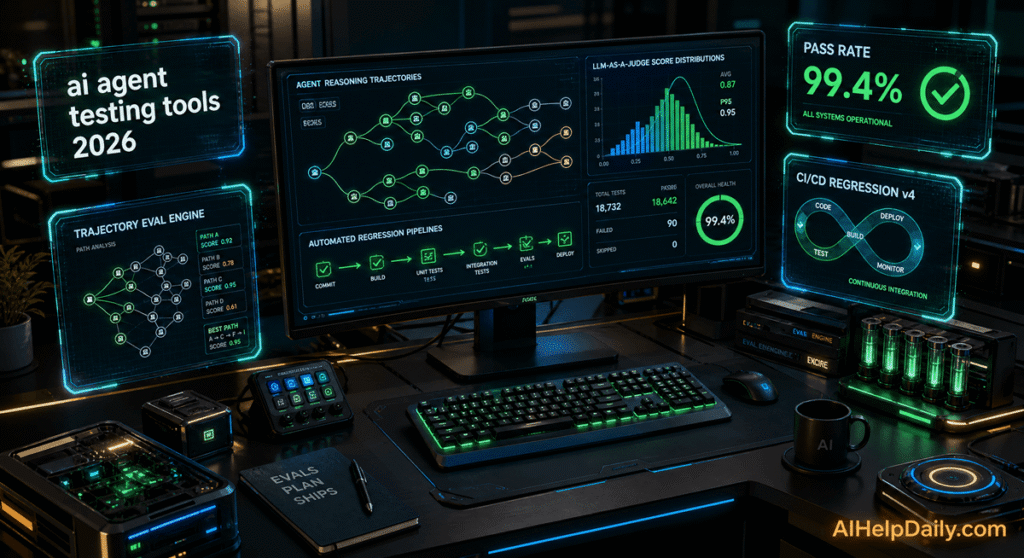 ai agent testing tools: A software engineering dashboard displaying automated agent evaluation metrics, trajectory benchmarks, and regression testing.