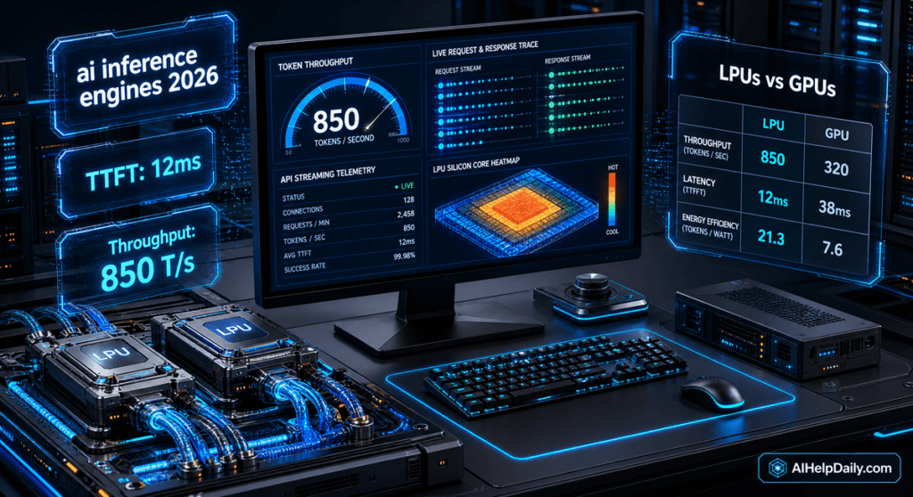 ai inference engines: A data center compute dashboard rendering real-time LLM token throughput, LPU architectures, and low-latency API benchmarks.