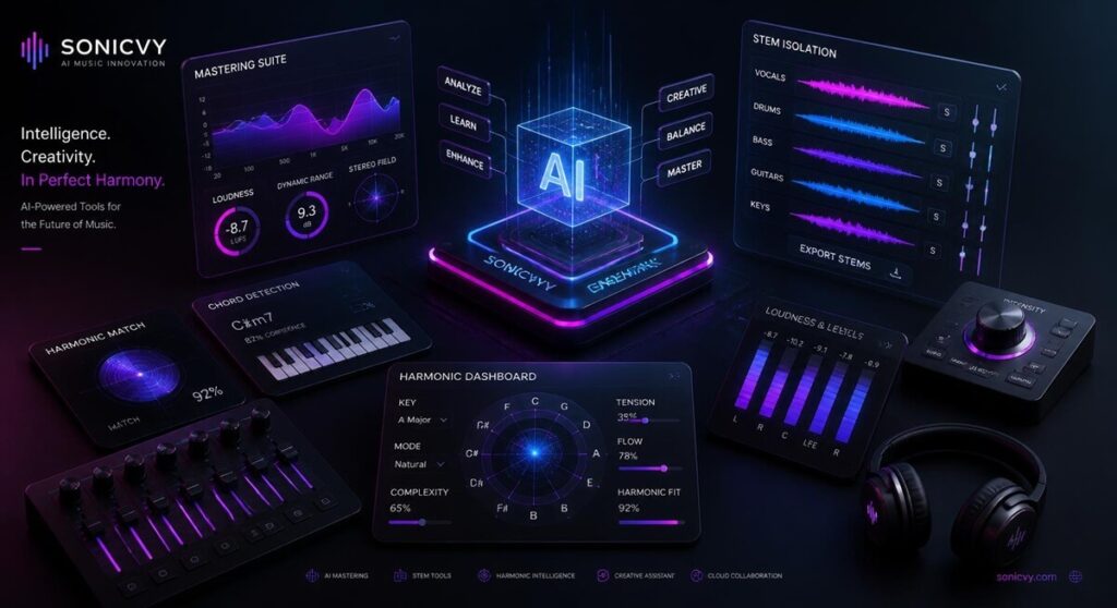 ai music generators: A digital audio workstation rendering AI music waveforms, multi-track stems, and prompt generation timelines.