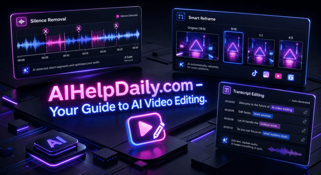 ai video editors: A modern video post-production workspace displaying automated timeline cut detection, text-based transcript editing, and multi-format export.