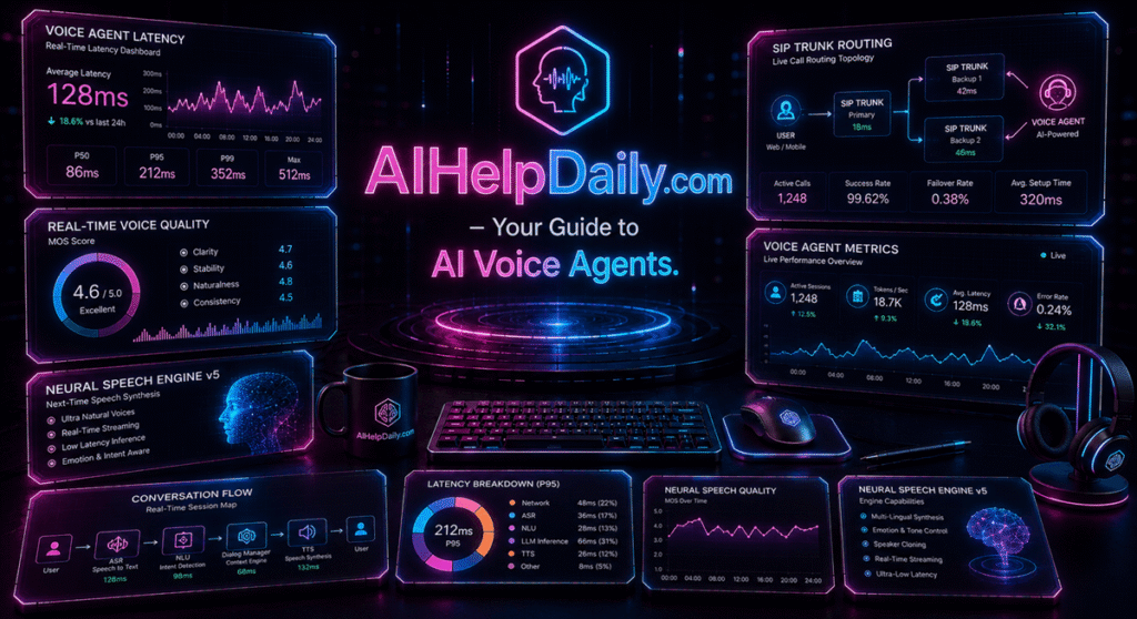 ai voice agents: A modern enterprise telephony workstation displaying autonomous conversational voice bots, real-time audio latency meters, and SIP trunk telemetry.