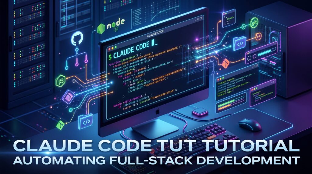 Claude Code Tutorial banner showing a futuristic 3D dark-mode developer workstation with a glowing CLI terminal and Git workflow integrations.
